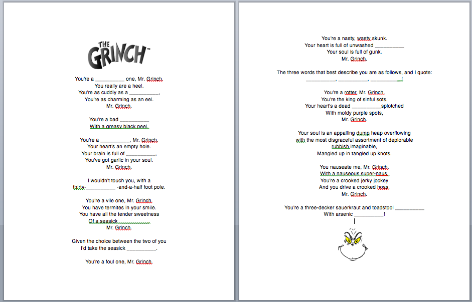 The Grinch Christmas Song Fill-In-The-Blanks Worksheet & Lyrics (ESL)