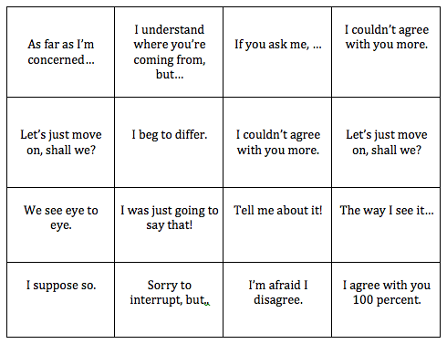 disagreeing game agreeing speaking card row swap esl activity four games