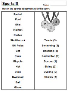 Sports Equipment Matching ESL Worksheet