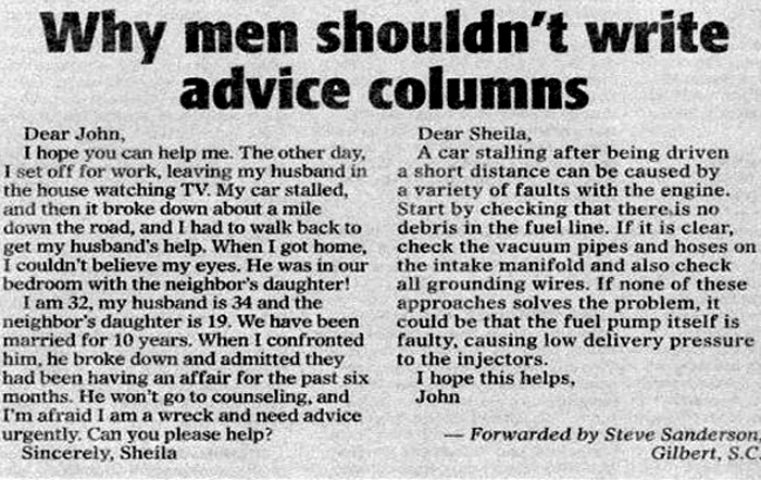 Why men shouldn't write advice columns
