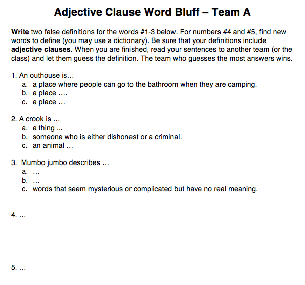Play Word Bluff to practice adjective clauses
