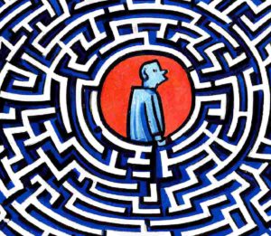 A confused man in the centre of a labyrinth