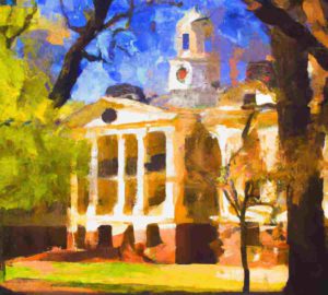 A stylized painting of an American college