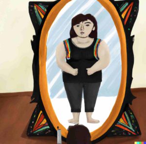 A woman looking doubtfully into the mirror.