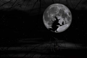 A witch flying in front of the moon