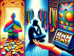 An image depicting slot machines, consumption, and a man sitting in a closet