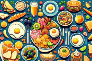 Many breakfast foods spread on a table