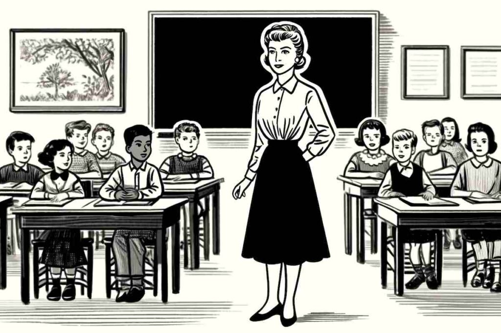 A black and white image of a teacher in class